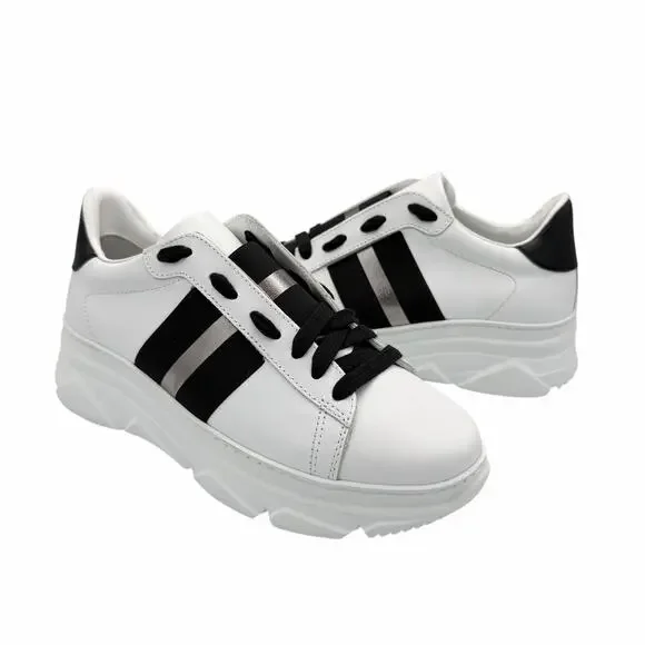 M. Gemi NEW Volata Grande White Leather Black Metallic Stripe Chunky Sneakers