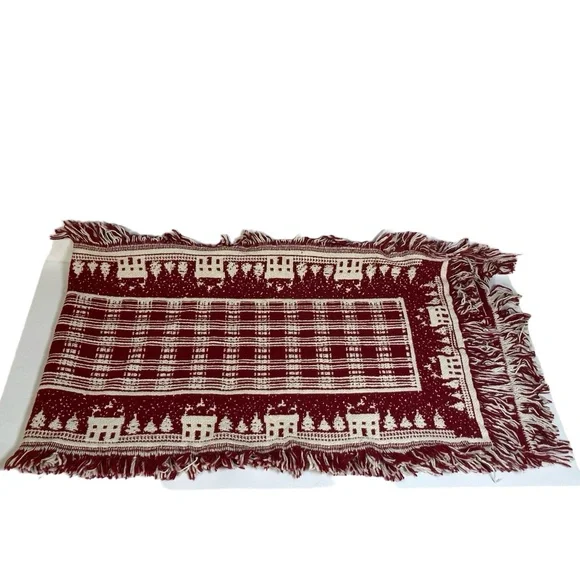 Crate Barrel table runner Red White Fringed House Tree‎ Motif Belgian Cottage
