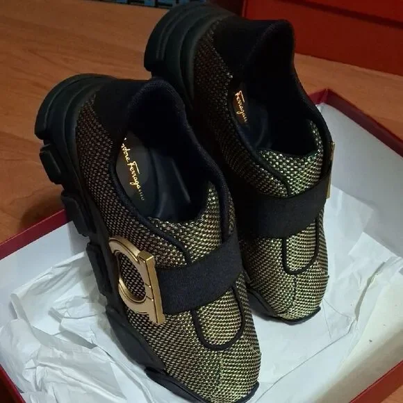 Salvatore Ferragamo Black and Gold Kids Sneakers