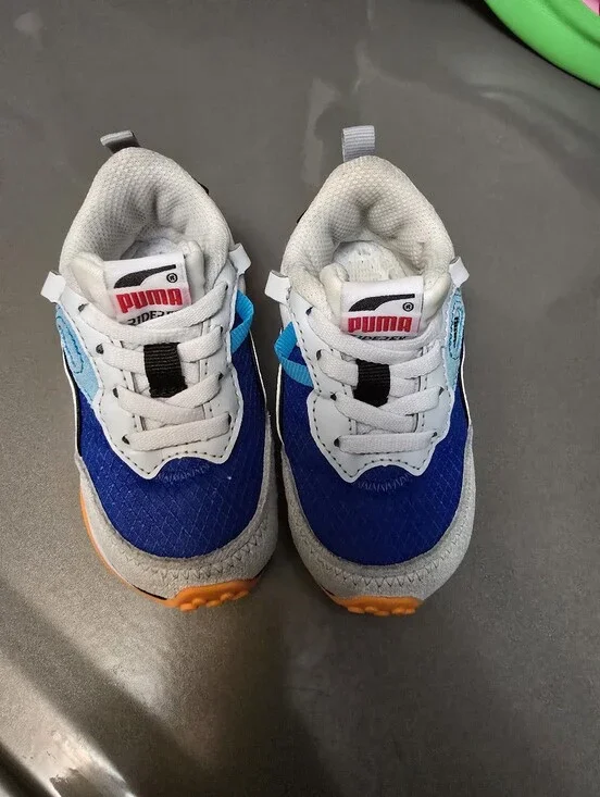 Puma Kids Royal Blue, White & Light Blue Sneakers with Orange Accent