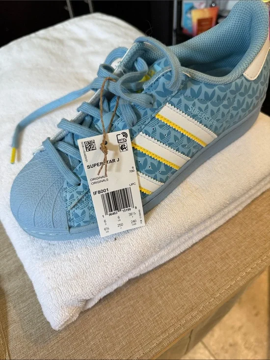 adidas Kids Superstar J Sneakers in Light Blue with White & Yellow