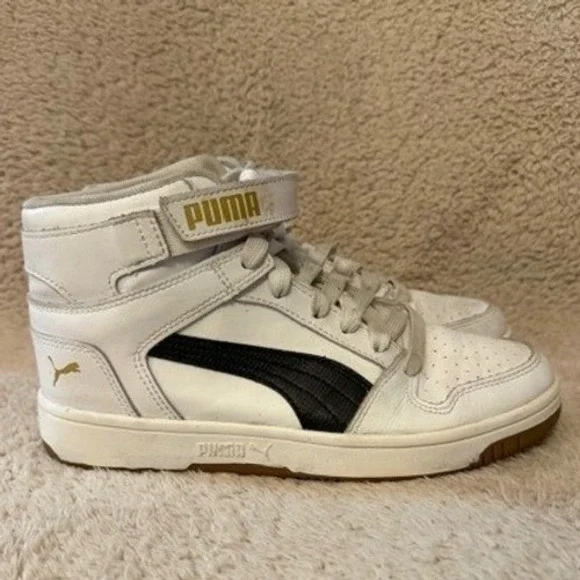 Puma Rebound Joy Kids White Black Gold High Top Sneakers 384451-02 Size 6C US