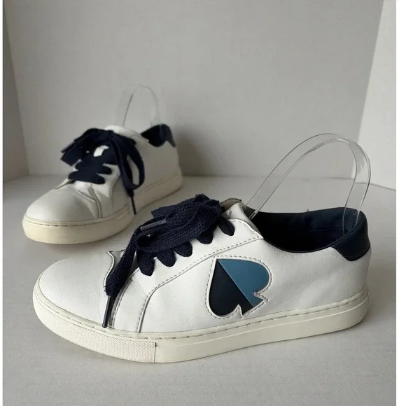 Kate Spade New York Fez White Navy Blue Spade Logo Leather Sneakers Womens 8B