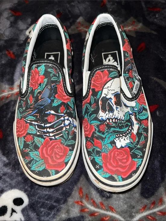 Vans Slip-On Floral Skull Skate Shoes in Black, Red, Teal