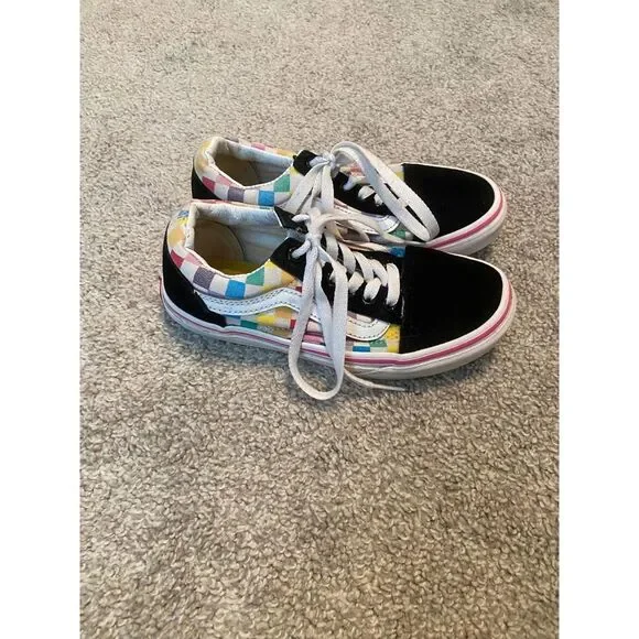 Vans Old Skool‎ Kids Shoes Rainbow Checkerboard Black Suede Sneakers 1.5 US Kids