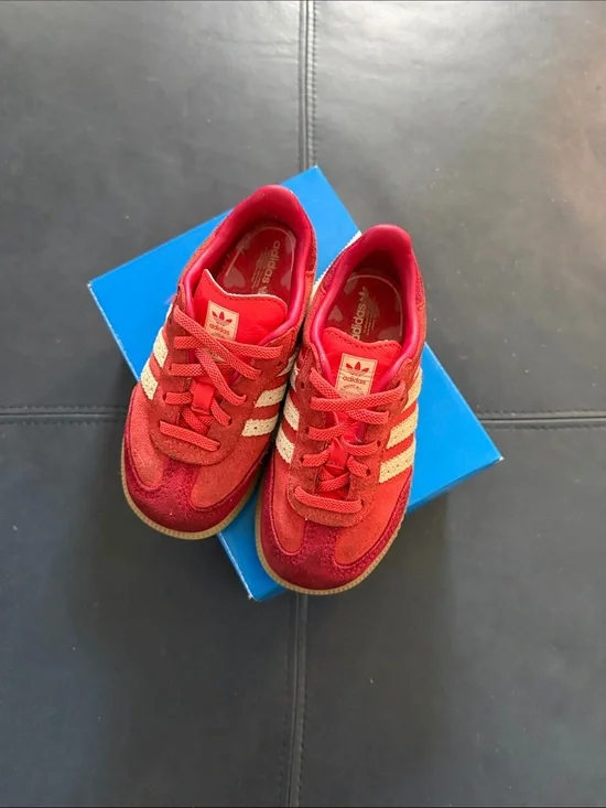 adidas Kids Red Suede Sneakers with Cream Stripes