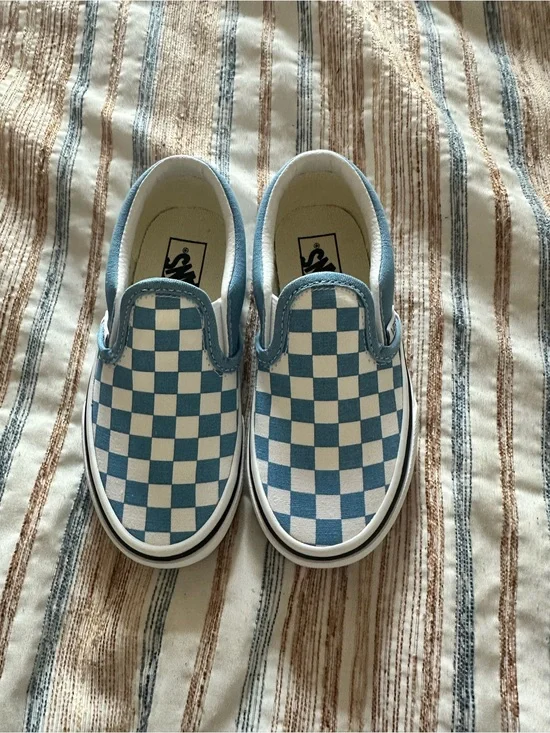 Vans Kids Light Blue and White Checkerboard Slip-On Sneakers