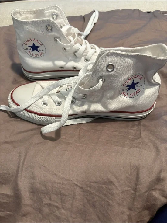 Converse Canvas White High Top Sneakers with Red & Blue Trim