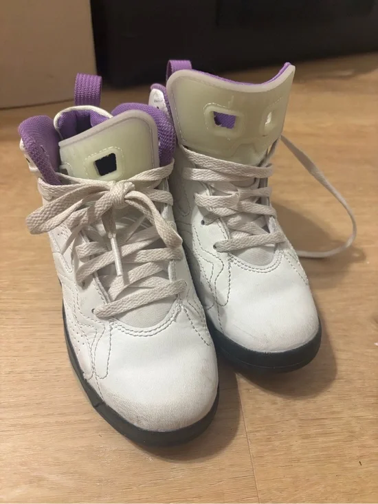 Kids White and Purple High-Top Jordan’s