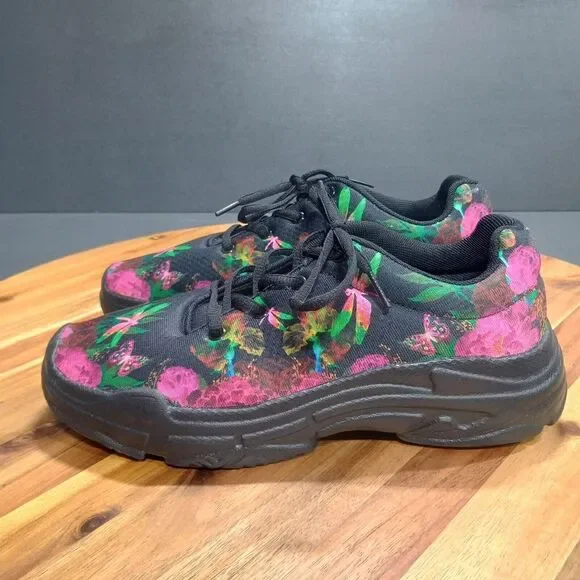 Yes We Vibe Sneakers‎ Shoes Womens Sz 7 M Floral Butteryfly Lace Up Colorful