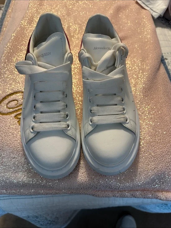 Alexander McQueen Women’s White Leather Sneakers with Pink Heel Tab