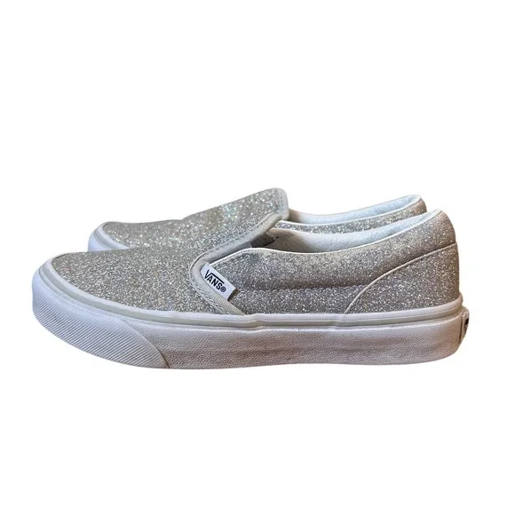 Vans Slip On Sneakers Kids‎ Silver Glitter Sparkle Skate Shoes SIZE 3.0