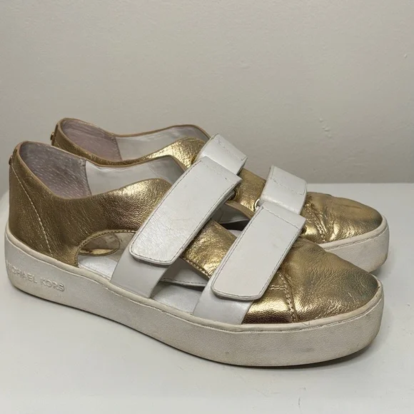 Michael Kors Beckett Velcro Cut-Out Leather Sneakers White Gold Size 7