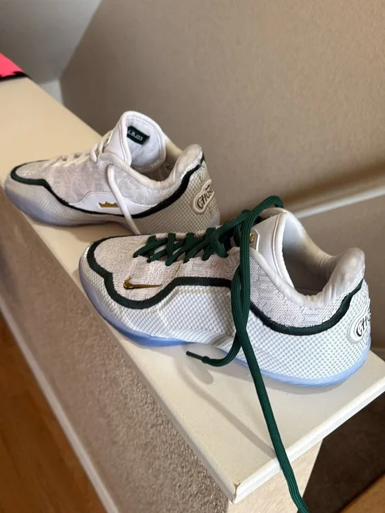 Kids White and Green Sneakers with Gold Accent