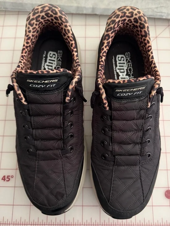 Skechers Cozy Fit Quilted Sneakers with Leopard Trim - Black