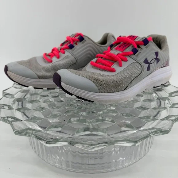 Under Armour Youth Running Shoes‎ Gray Pink Purple Lace Up Sneakers 6.5 Y