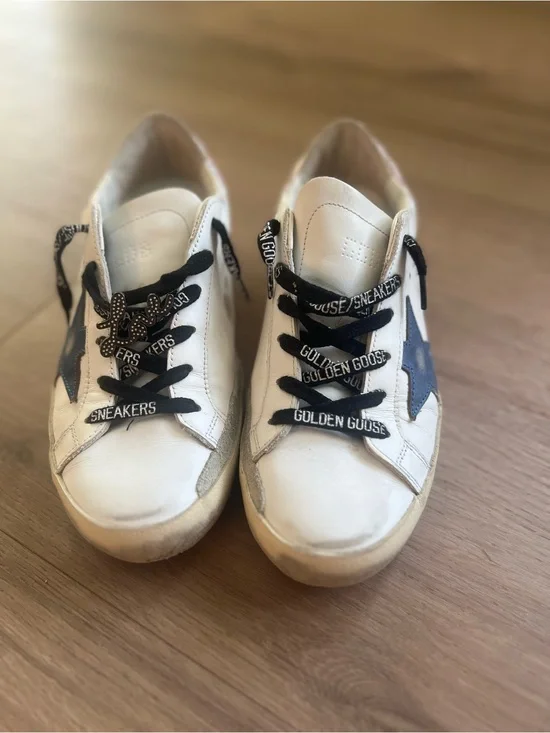 Golden Goose White Sneakers with Navy Star and Black Laces