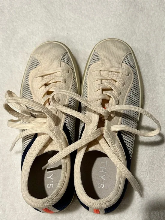 Rothy's Cream Knit Sneakers with Navy Stripe