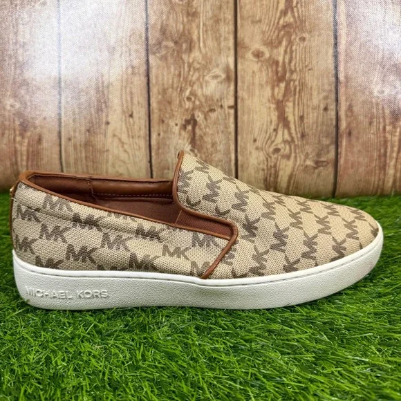 Michael Kors Keaton Slip On Sneakers Womens Size 8 Brown Logo Monogram Casual