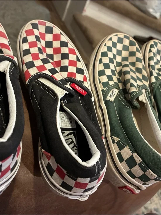 Vans Kids Checkerboard Slip-On Sneakers in Red/Black and Green/White