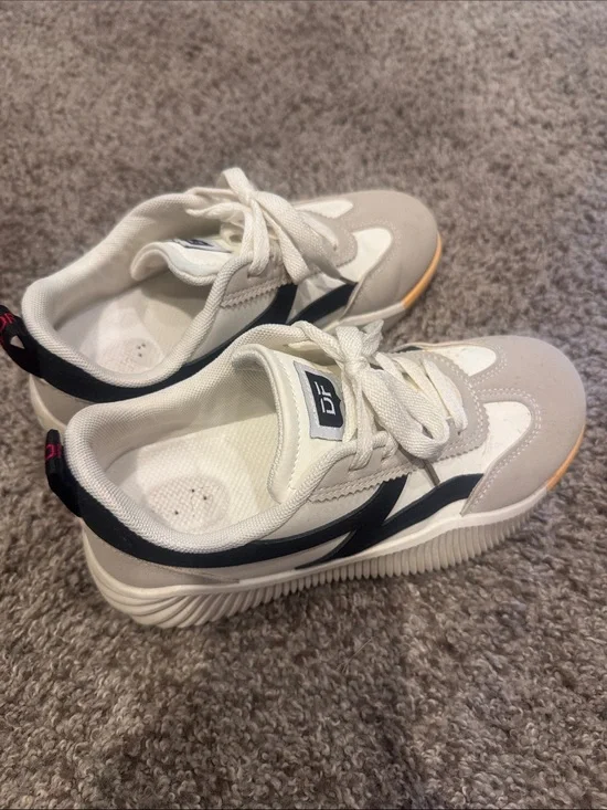 Women’s Neutral White & Beige Lace-Up Sneakers with Black Accent