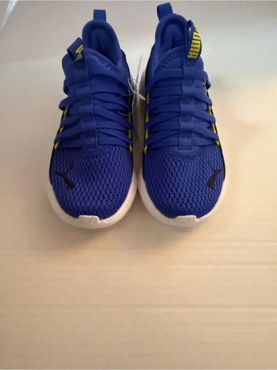Puma Kids' Royal Blue Mesh Lace-Up Sneakers with Yellow Accents