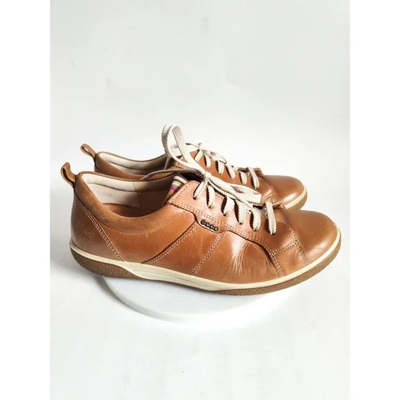 Ecco Sneakers 7 - 7.5 38 Leather Tan Brown Lace Up Casual Walking Neutral Travel