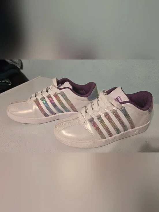 K-Swiss Classic VN White Sneakers, Iridescent Rainbow Stripes & Purple Lining