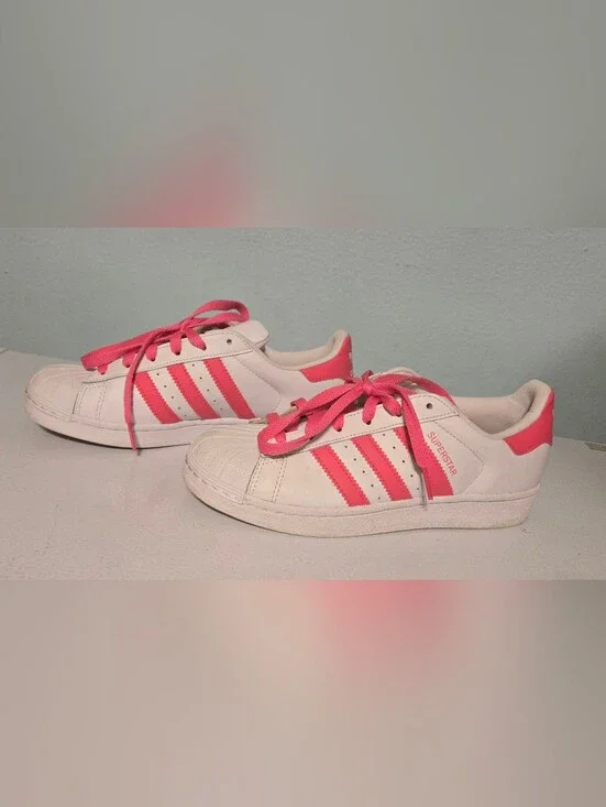 Adidas White Sneakers with Bright Pink Stripes Size 4.5Y
