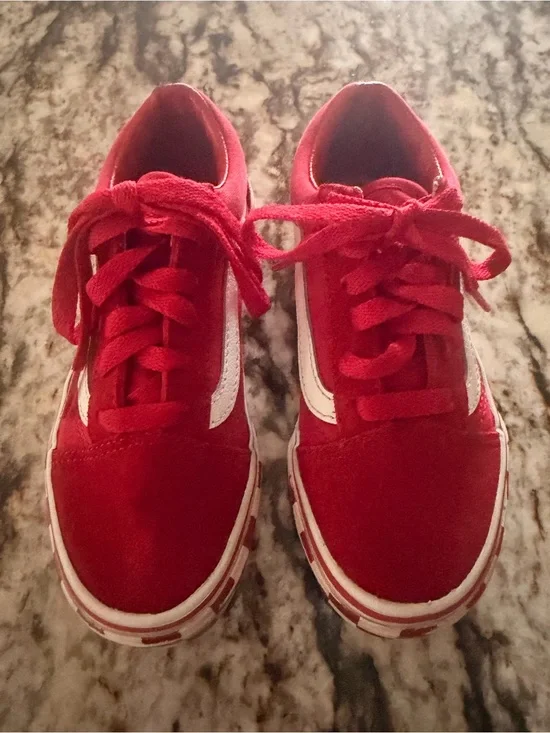 Vans Kids Size 13 Red Suede Sneakers with White Stripe and Checkered Soles