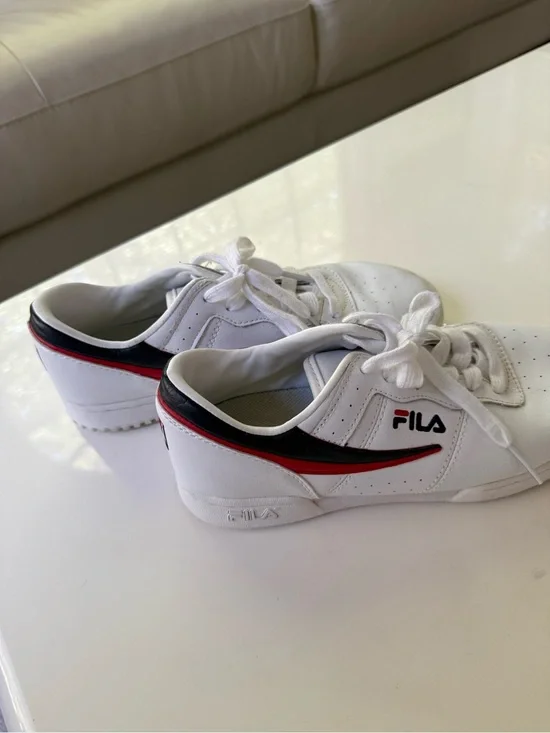 FILA White Sneakers with Black & Red Swoosh