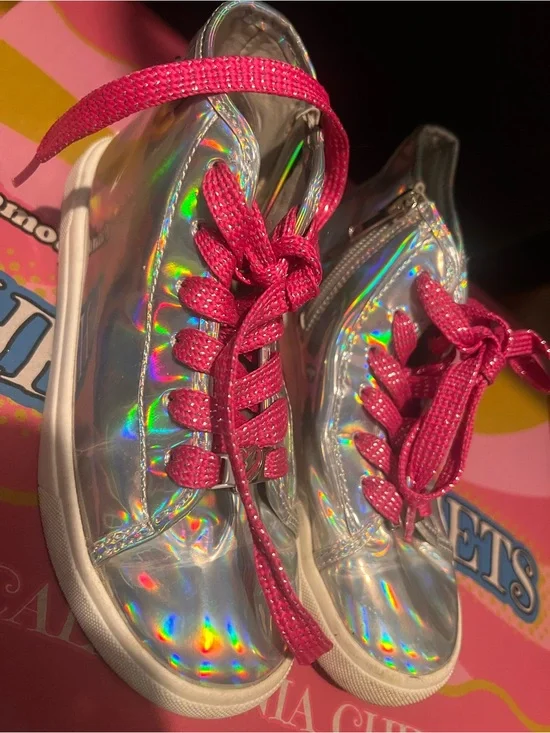 JoJo Siwa Holographic Silver Sneakers with Hot Pink Laces