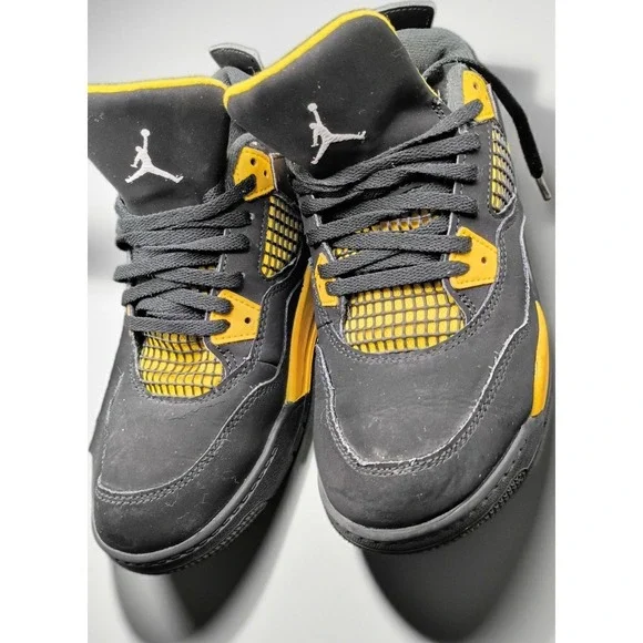 Jordan Air Jordan 4 Unisex Kids Black/Yellow/Gray Lace-Up Logo Sneakers