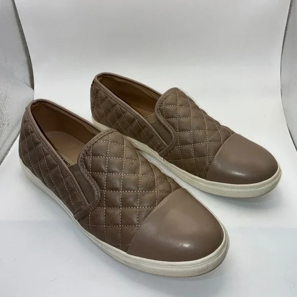 Steve Madden Womens 12 Ecentrcq Quilted Slip On Sneakers Taupe Faux Leather‎