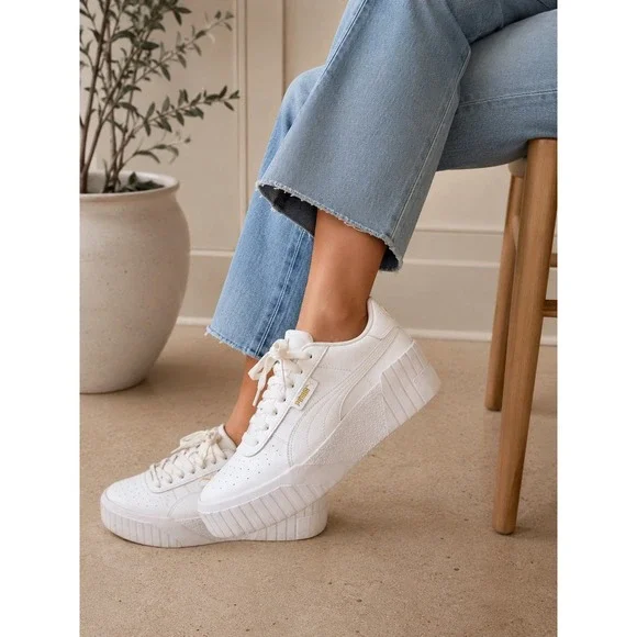 Puma Cali Wedge Womens White Leather Chunky Platform Sneakers Size 7.5
