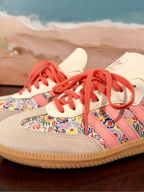 adidas Kids Coral Pink Floral Embroidered Sneakers