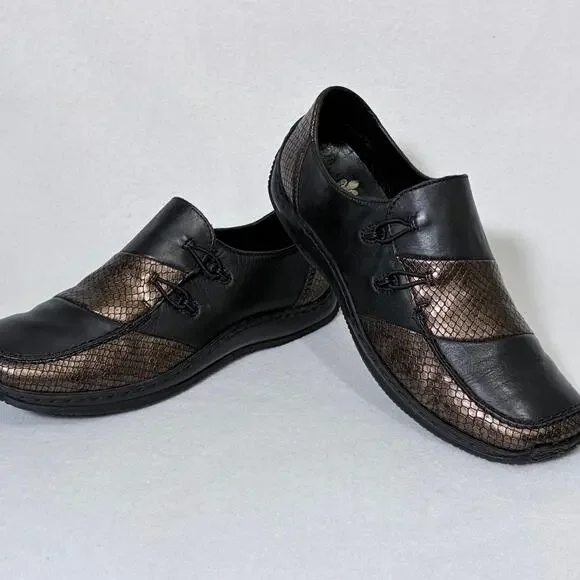 Rieker Comfort Slip On Shoes Womens 39 US 8 Black Leather Brown Argyle Metallic