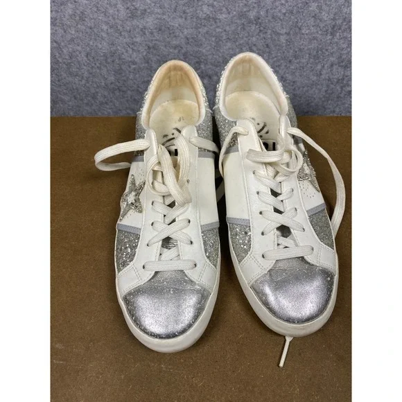 Sam & Libby Womens Glitter Star Sneakers White Silver Metallic Low Top 8.5