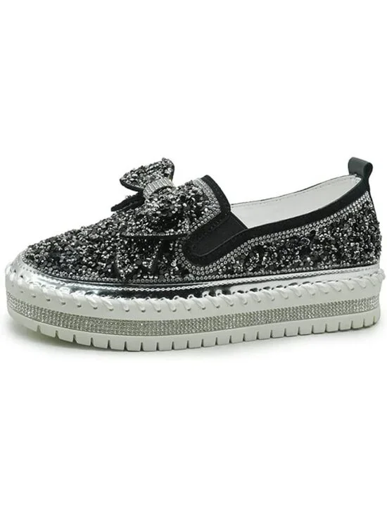 Women's Black Rhinestones Glitter Fashion Bowknot Casual Walking Flat Sneakers