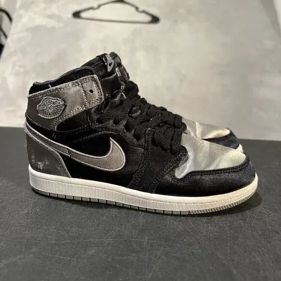 Nike Air Jordan 1 High OG Satin Shadow Shoes Youth 2Y Black Silver FD5304-010