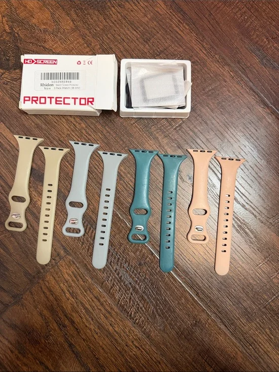 Silicone Apple Watch Bands in Beige, Gray, Teal, and Peach + Screen Protectors