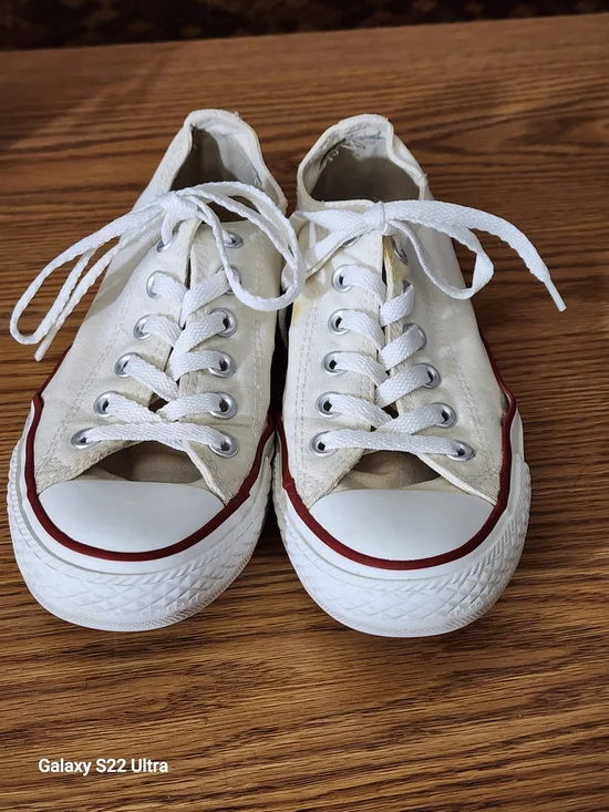 These are Converse Chuck Taylor All Star Low top sneakers in white canvas.