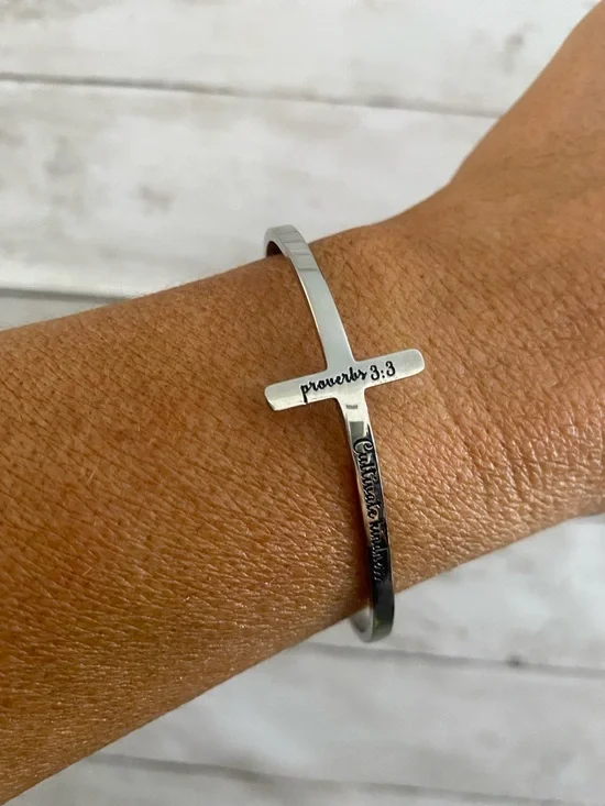 Silver Cross Bangle Bracelet w/‎ Proverbs 3:3 Cultivate Kindness saying