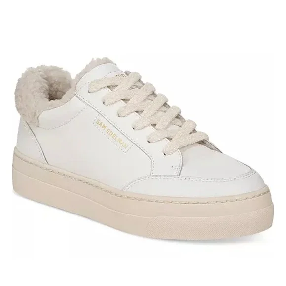 SAM EDELMAN Wess Sneaker Women 10 White Leather‎ Faux Shearling Platform Low Top