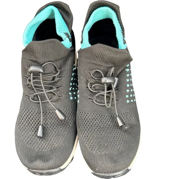 Walking Shoes Womens 38 Black Teal Knit Bungee Lace Air Cushion Sneakers
