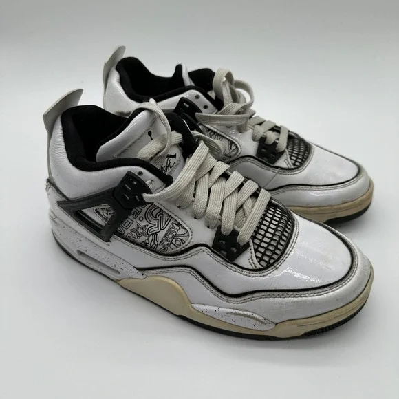 Jordan Air Jordan 4 Retro Shoes Kids 6.5Y White Black Graphic Mid Basketball