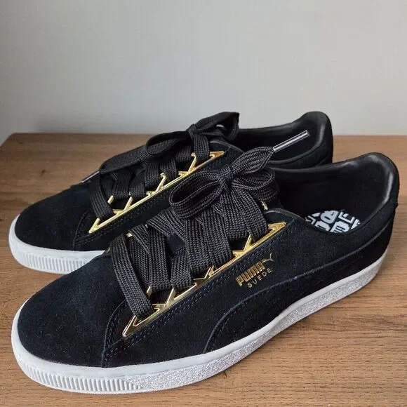 LIKE NEW PUMA 50TH ANNIVERSARY BLACK SUEDE /GOLD SNEAKERS SIZE 9 WOMENS