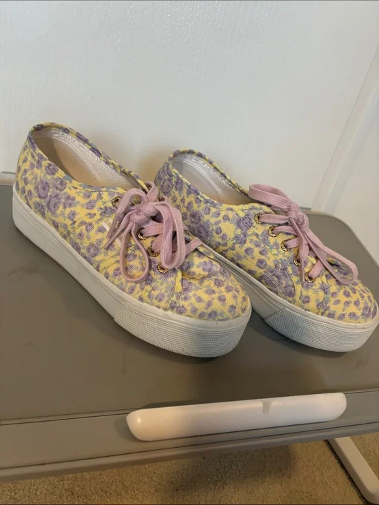 LoveShackFancy Yellow & Lavender Floral Platform Sneakers with Pink Laces