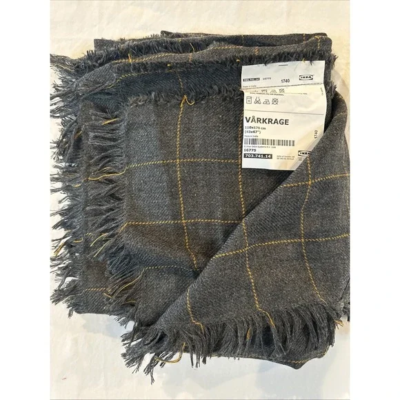 IKEA VARKRAGE Throw Blanket Gray Mustard Plaid 43x67