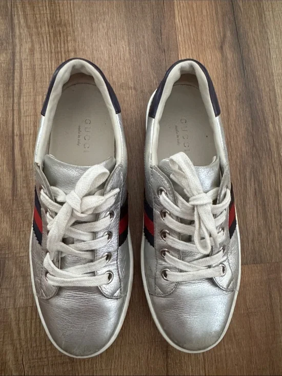 Gucci kids Ace Sneakers in metallic silver leather